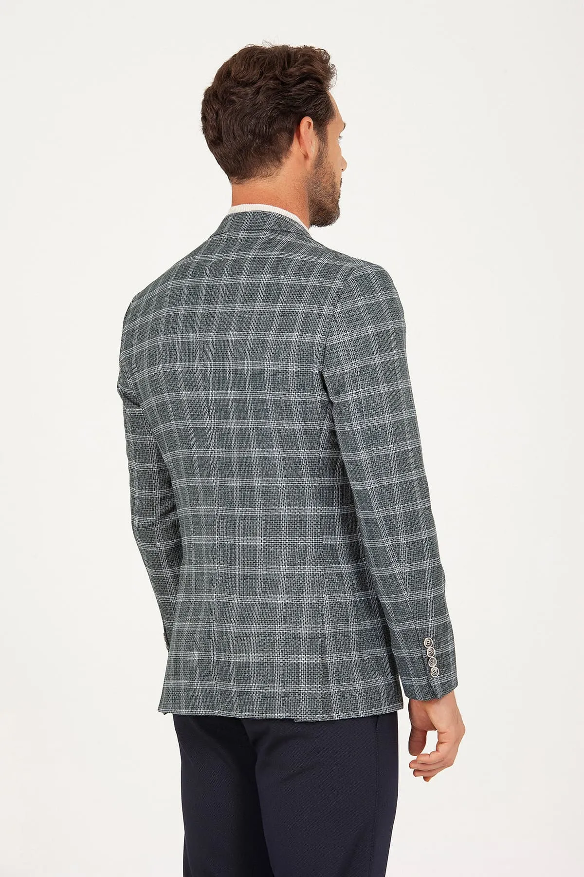 Slim Fit Notch Lapel Plaid Green Classic Blazer