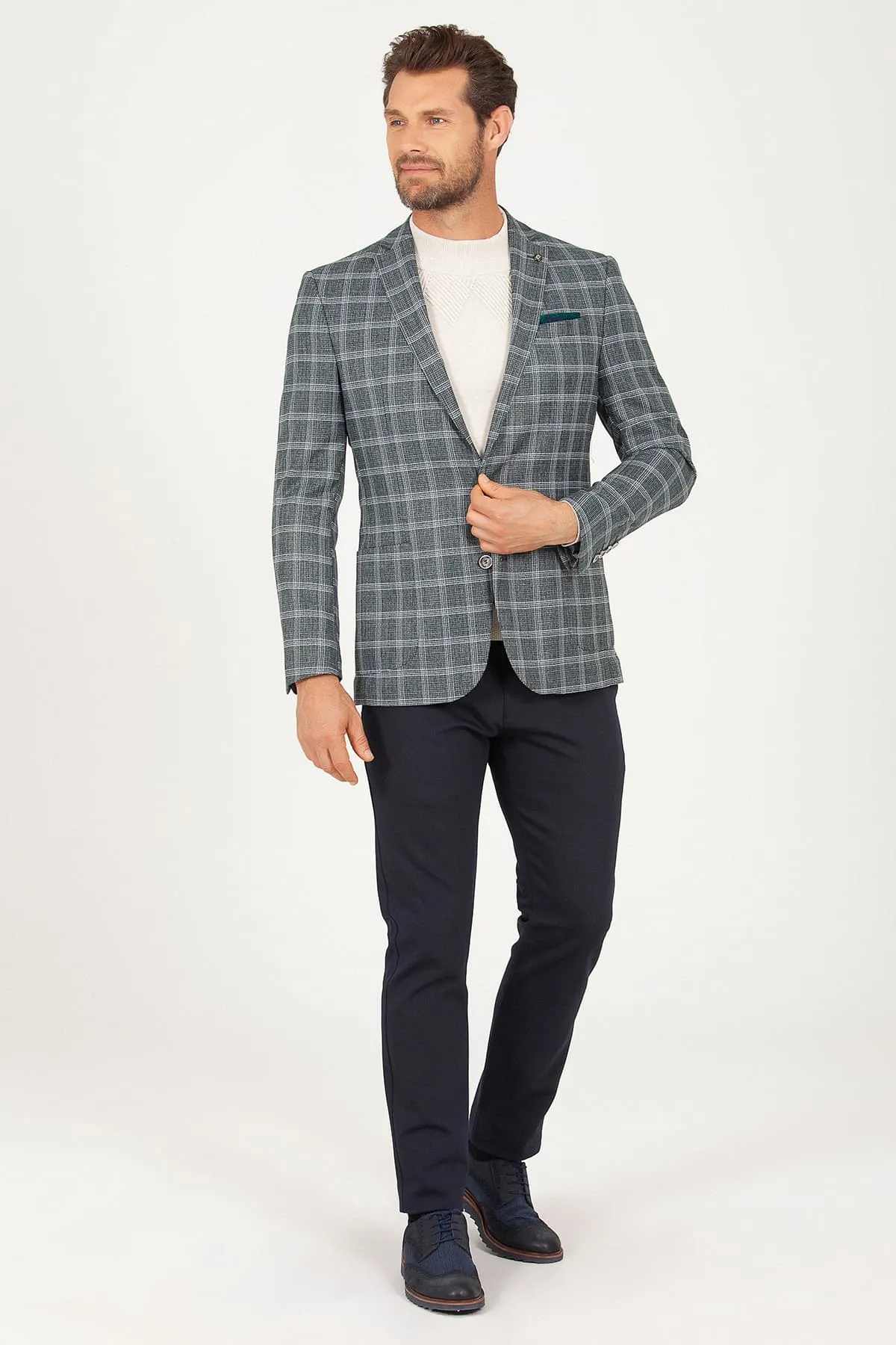 Slim Fit Notch Lapel Plaid Green Classic Blazer