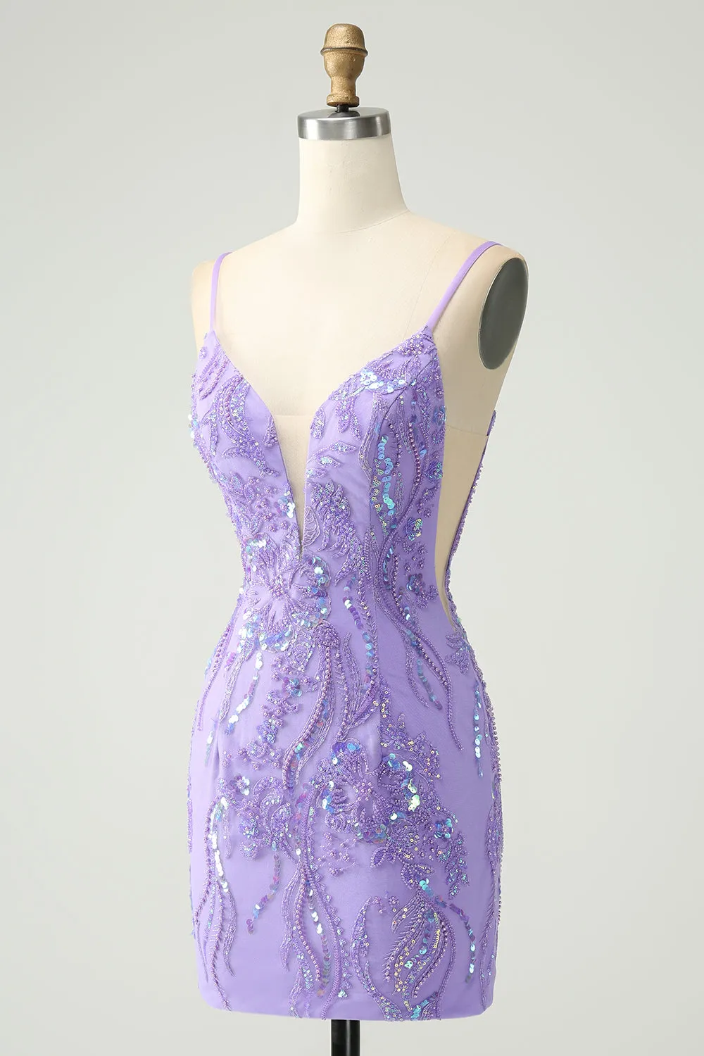 Sparkly Purple Tight Spaghetti Straps Short Homecoming Dress with Sequins