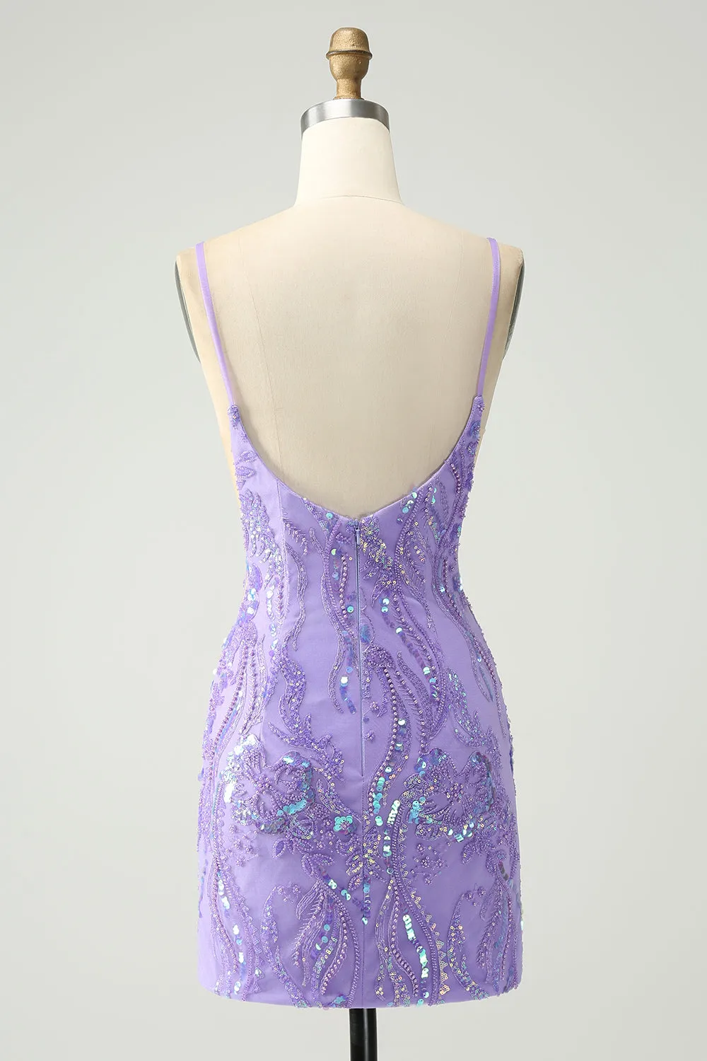 Sparkly Purple Tight Spaghetti Straps Short Homecoming Dress with Sequins