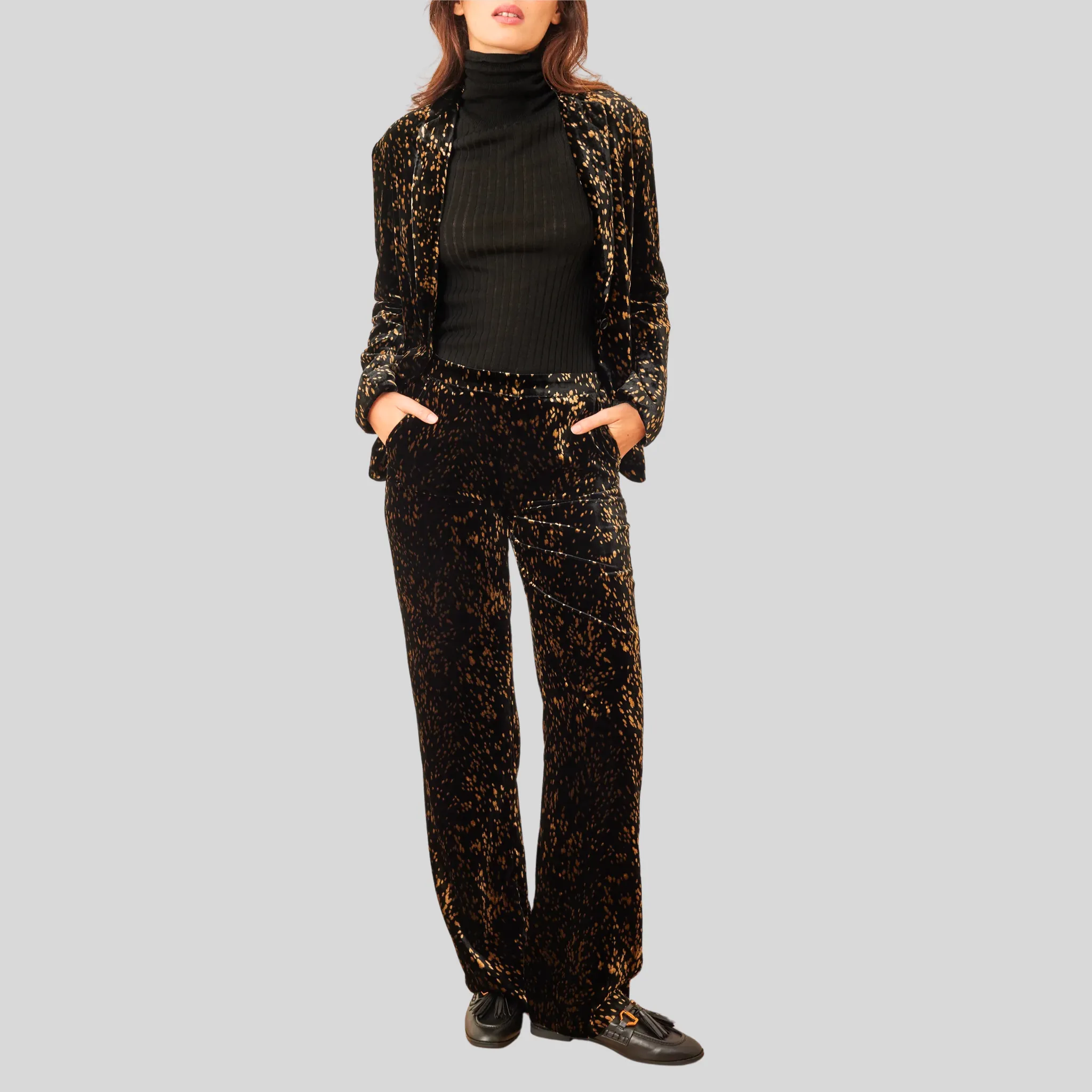 Spots Print High Waist Velvet Pants - Black