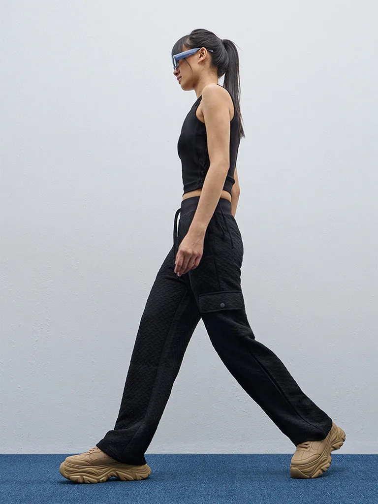 Studiofit Black Textured High-Rise Track Pants