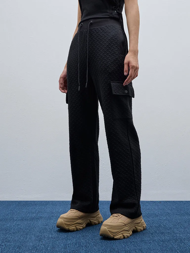 Studiofit Black Textured High-Rise Track Pants