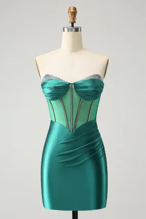 Stylish Dark Green Bodycon Sweetheart Pleated Corset Short Homecoming Dress with Beading