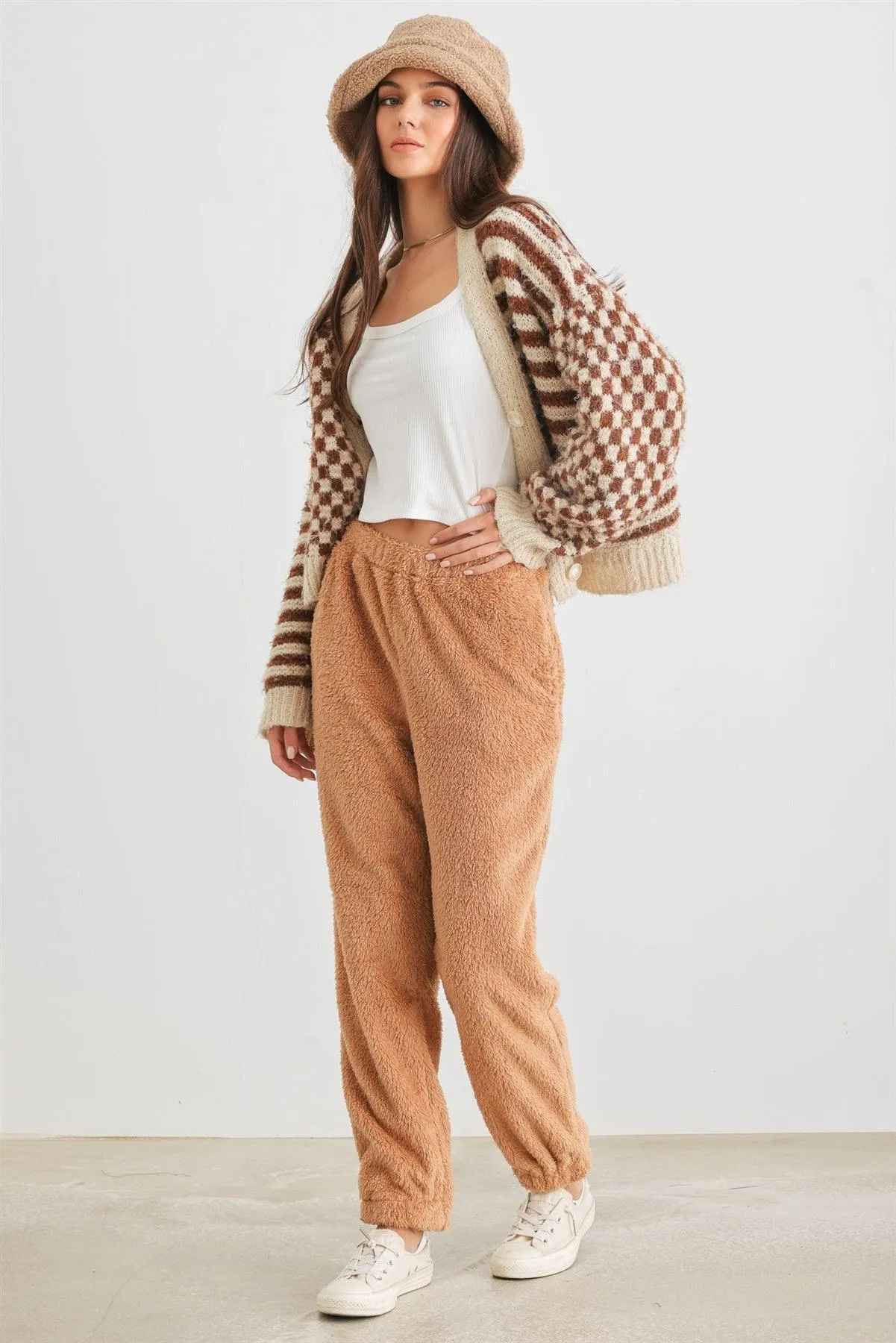 Tan Fuzzy Knit Two Pocket High Waist Pants