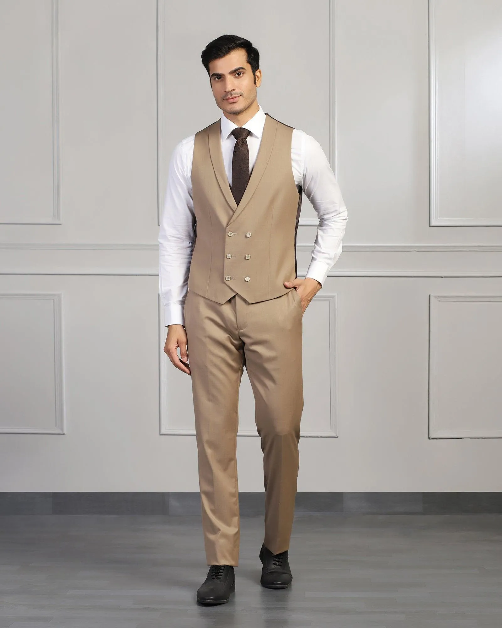 Three Piece Beige Solid Formal Suit - Beryl