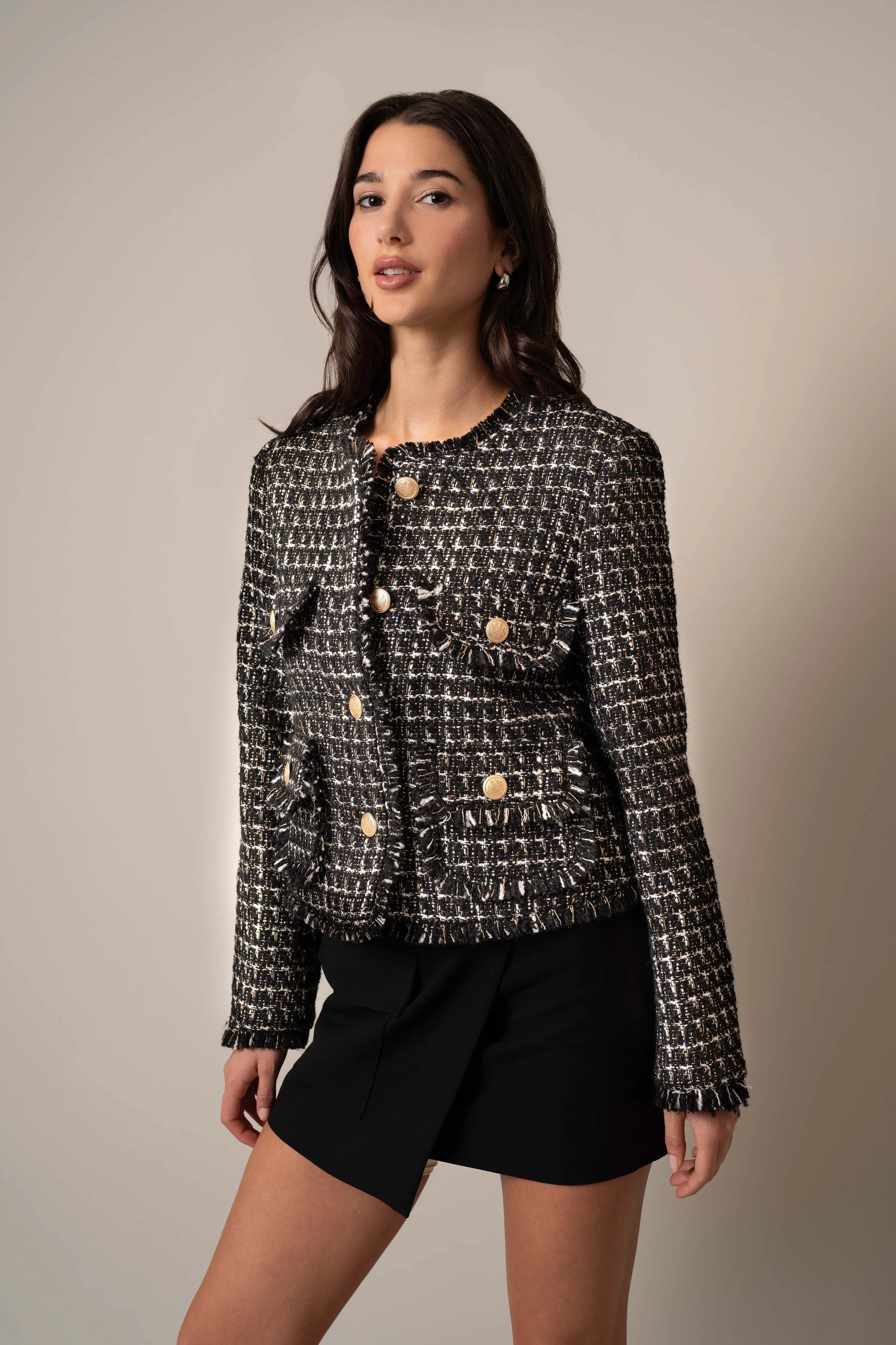 Tweed Gold-Button Blazer