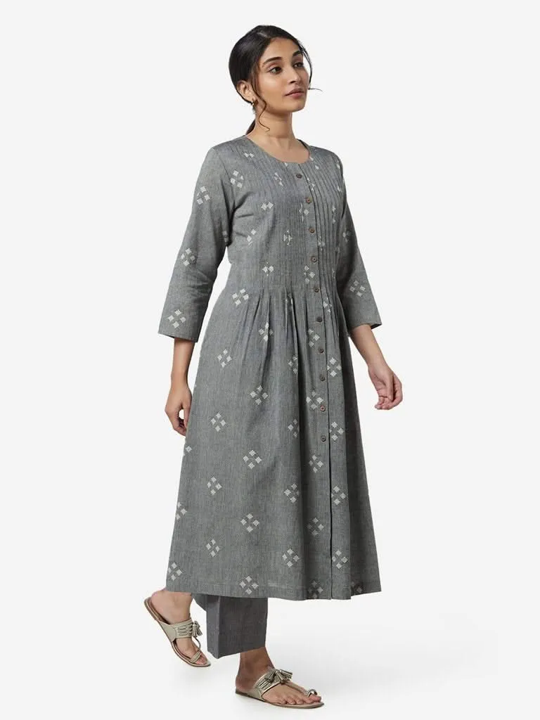 Utsa Grey Fit-And-Flare Woven Pure Cotton Kurta