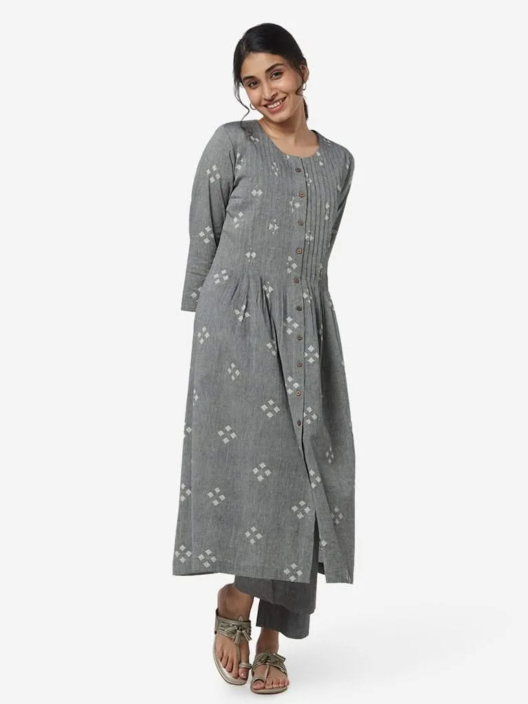 Utsa Grey Fit-And-Flare Woven Pure Cotton Kurta