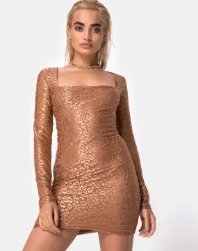 Vilan Bodycon Dress in Leopard Sheen Net Caramel