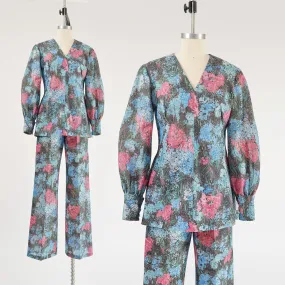 Vintage 70s Floral Pant and Blouse Set Semi Sheer Lurex Knit Two Piece Set size M