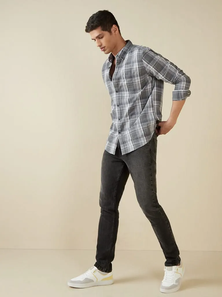 WES Casuals Grey Checkered Slim-Fit Shirt