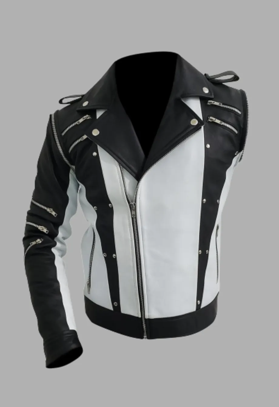 White And Black Blended Designer Mens Leather Jacket