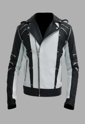 White And Black Blended Designer Mens Leather Jacket