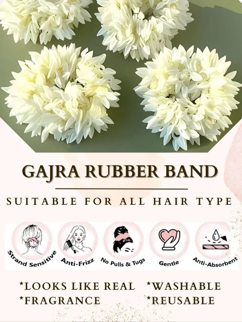 White Stretchable Gajra Bun Rubber Band Scrunchie Floral Bun