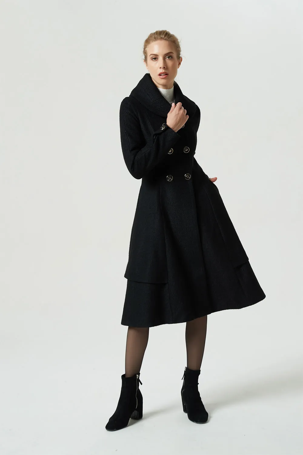 winter classic midi black wool coat 1962#