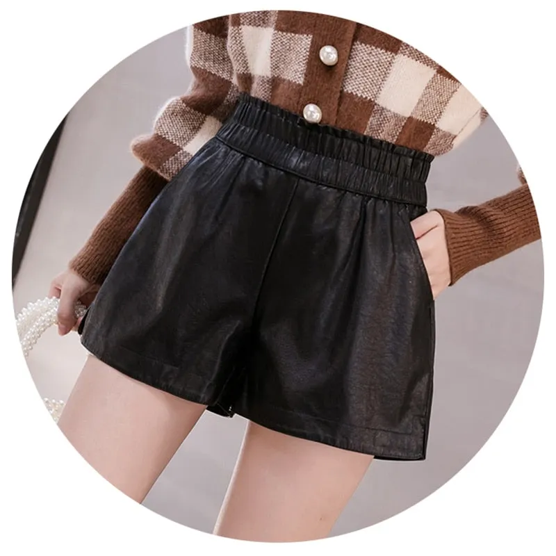 Wjczt Elastic High Waist Wide Leg Biker Shorts Autumn PU Leather Shorts Women Plus Size Femme Casual Ladies Shorts Black