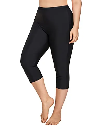 Women Long Swim Shorts Elastic Waistband Plus Size Long Swim Capris-Black