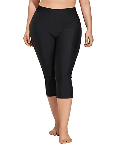 Women Long Swim Shorts Elastic Waistband Plus Size Long Swim Capris-Black