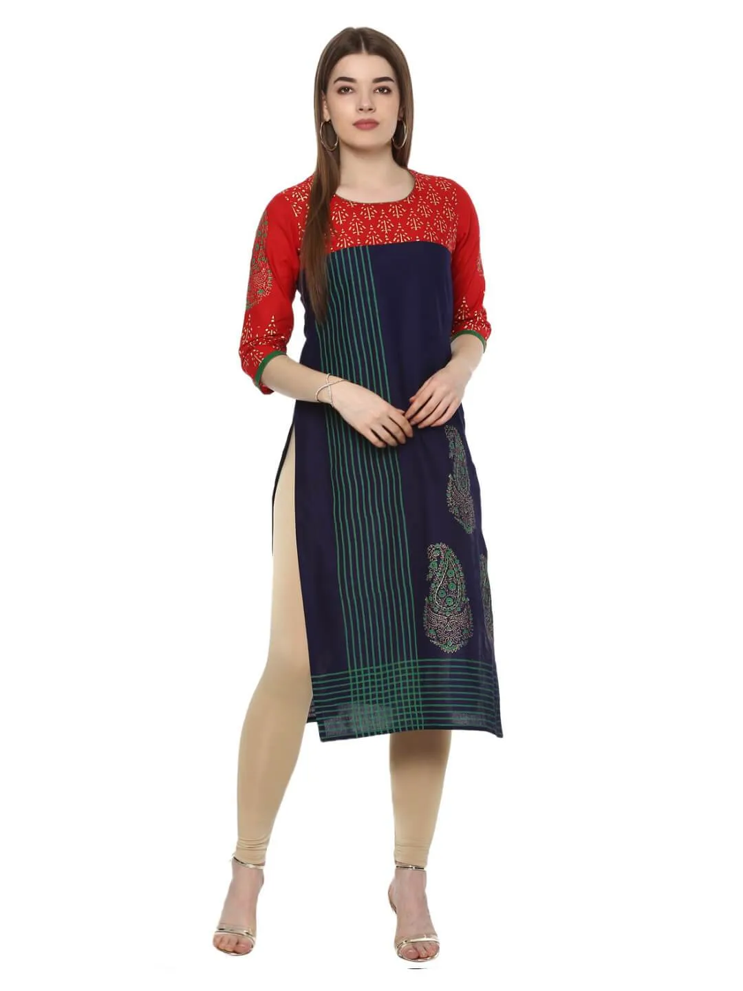 Women Navy Blue And Red Striped Ajrakh Hand Block Cotton Printed Straight Kurta - Noor