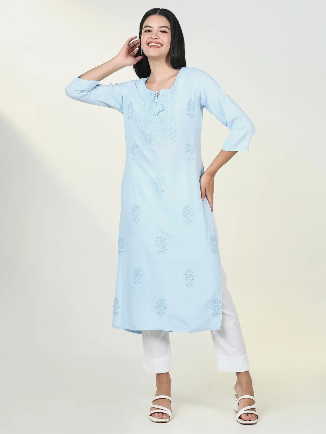 Women Solid Blue Chikankari Kurta