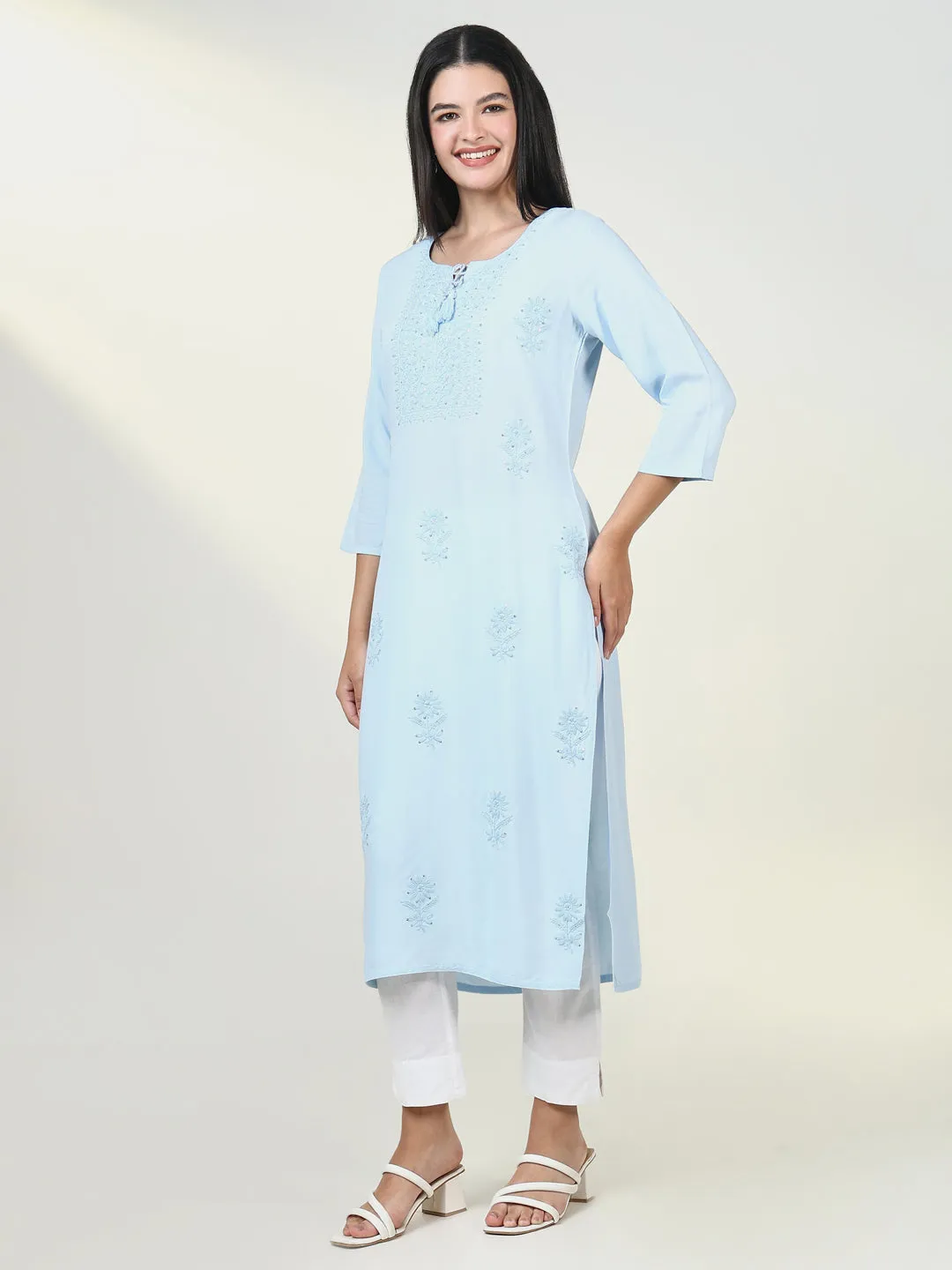 Women Solid Blue Chikankari Kurta