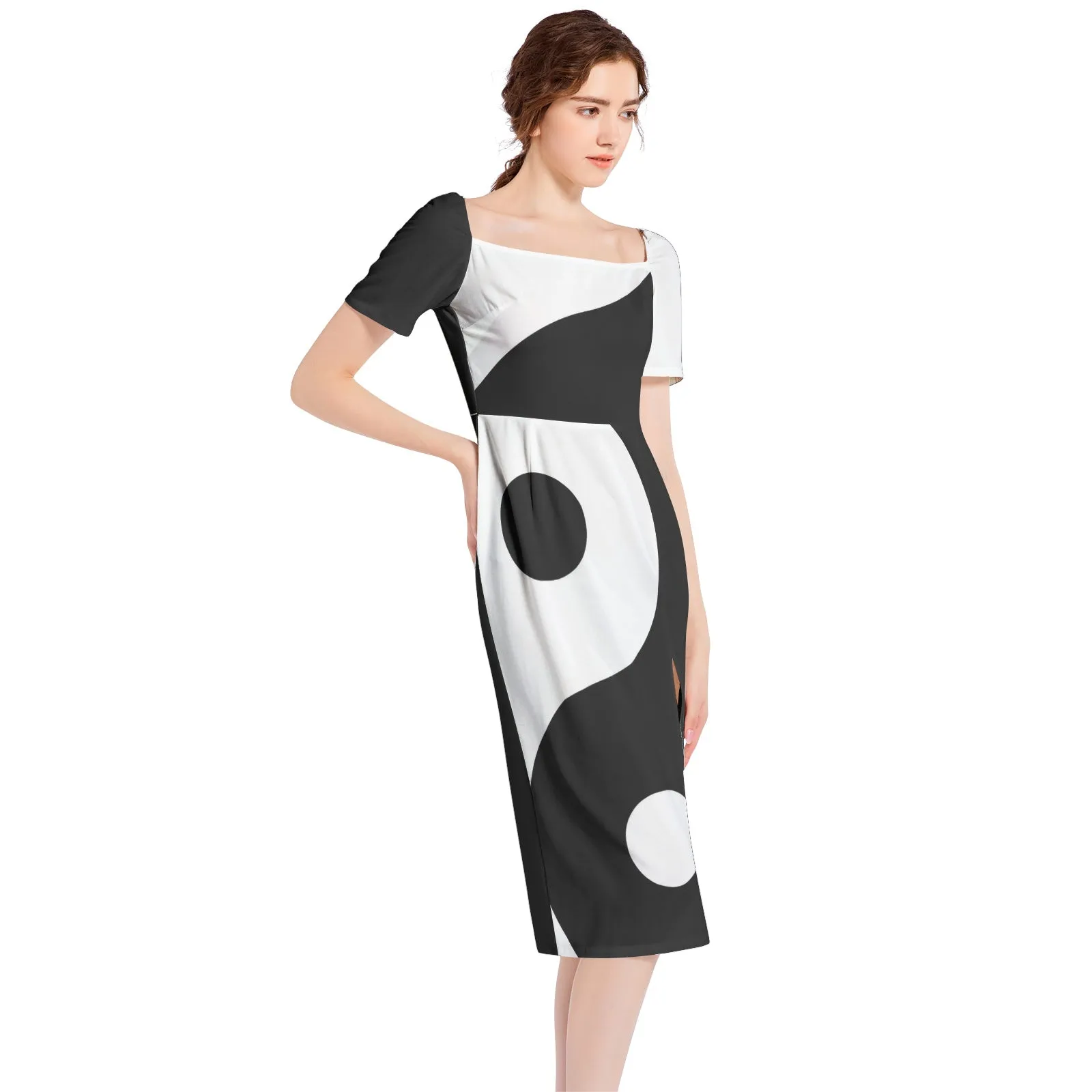 Yin Yang Theme Split Thigh Midi Bodycon Dress