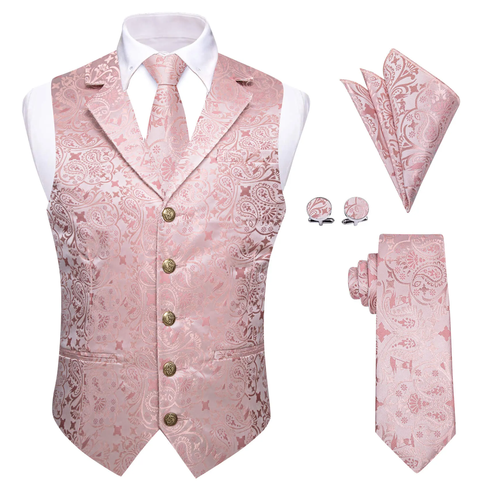 YourTies Baby Pink Paisley Silk Notched Lapel Waistcoat Necktie Set for Men