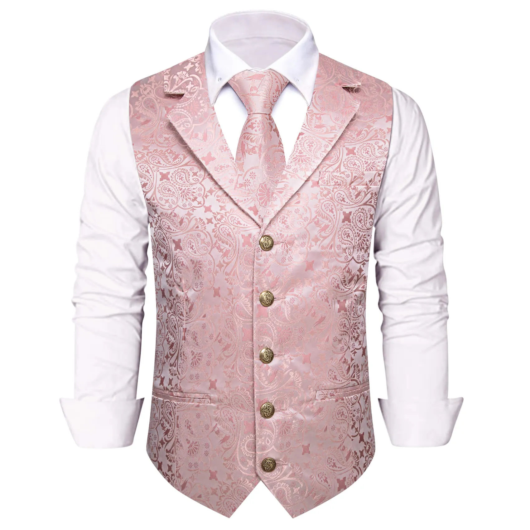 YourTies Baby Pink Paisley Silk Notched Lapel Waistcoat Necktie Set for Men